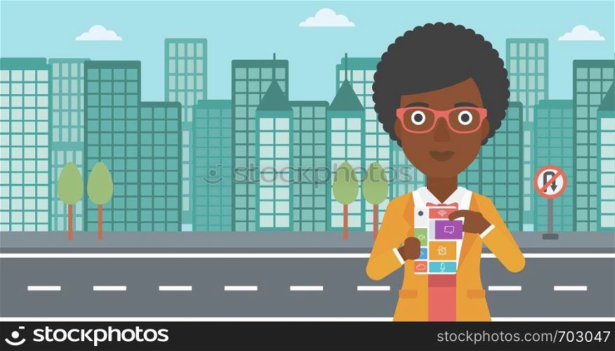 An african-american woman holding modular phone. Woman with modular phone standing on a city background. Woman using modular phone. Vector flat design illustration. Horizontal layout.. Woman with modular phone vector illustration.