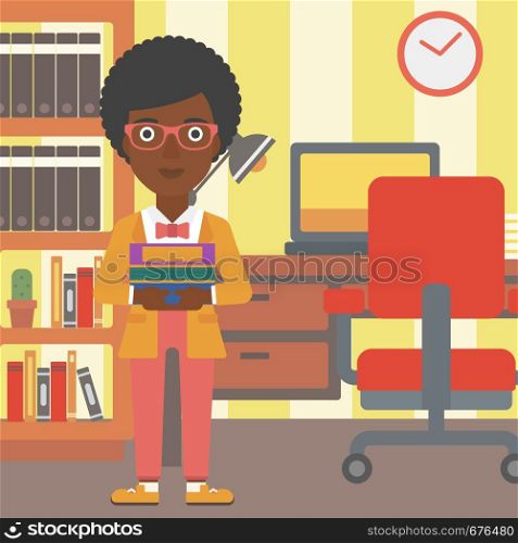 An african-american woman holding pile of books on the background of room vector flat design illustration. Square layout.. Woman holding pile of books.