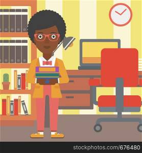 An african-american woman holding pile of books on the background of room vector flat design illustration. Square layout.. Woman holding pile of books.