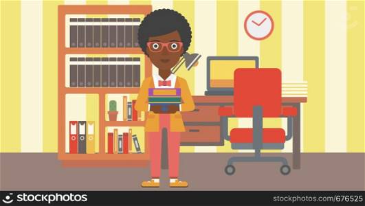 An african-american woman holding pile of books on the background of room vector flat design illustration. Horizontal layout.. Woman holding pile of books.