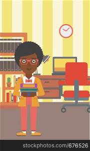 An african-american woman holding pile of books on the background of room vector flat design illustration. Vertical layout.. Woman holding pile of books.