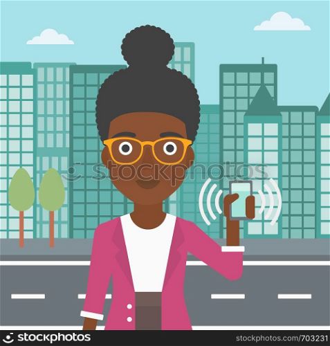 An african-american woman holding ringing mobile phone on a city background. Woman answering a phone call. Woman with ringing phone in hand. Vector flat design illustration. Square layout.. Woman holding ringing telephone.