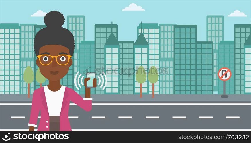 An african-american woman holding ringing mobile phone on a city background. Woman answering a phone call. Woman with ringing phone in hand. Vector flat design illustration. Horizontal layout.. Woman holding ringing telephone.
