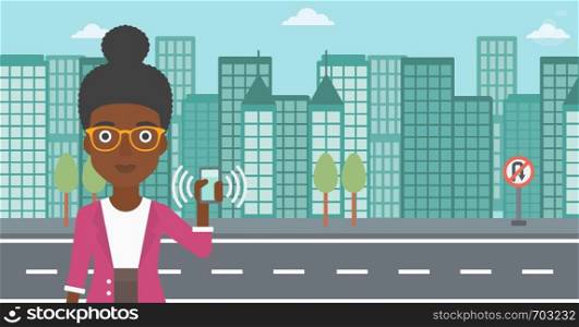 An african-american woman holding ringing mobile phone on a city background. Woman answering a phone call. Woman with ringing phone in hand. Vector flat design illustration. Horizontal layout.. Woman holding ringing telephone.