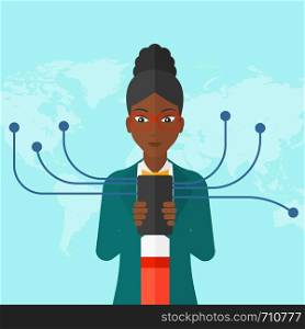 An african-american woman holding smartphone connected with the whole world on a blue background vector flat design illustration. Square layout.. Woman using smartphone.