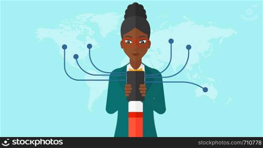 An african-american woman holding smartphone connected with the whole world on a blue background vector flat design illustration. Horizontal layout.. Woman using smartphone.