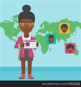 An african-american woman holding tablet computer with social network user profile on a screen on a background of map with avatars of social network. Vector flat design illustration. Square layout.. Woman holding tablet with social network.