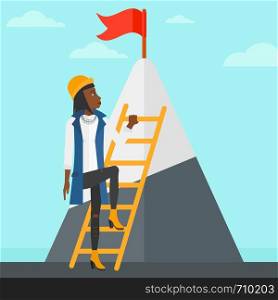 An african-american woman holding the ladder to get the red flag on the top of mountain on the background of blue sky vector flat design illustration. Square layout.. Woman climbing on mountain.