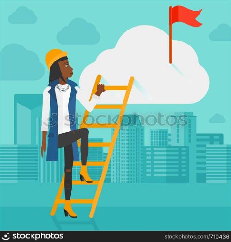An african-american woman holding the ladder to get the red flag on the top of the cloud on the background of modern city vector flat design illustration. Square layout.. Woman climbing the ladder.