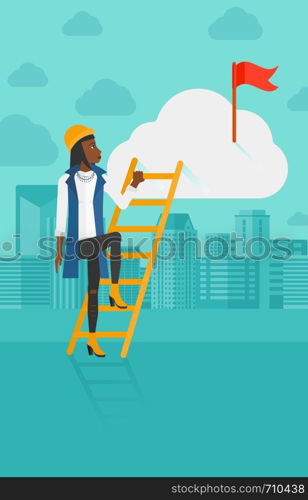 An african-american woman holding the ladder to get the red flag on the top of the cloud on the background of modern city vector flat design illustration. Vertical layout.. Woman climbing the ladder.