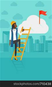An african-american woman holding the ladder to get the red flag on the top of the cloud on the background of modern city vector flat design illustration. Vertical layout.. Woman climbing the ladder.