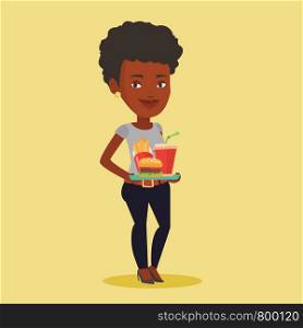 An african-american woman holding tray with fast food. Young smiling woman having a lunch in a fast food restaurant. Happy woman with fast food. Vector flat design illustration. Square layout.. Woman holding tray full of fast food.