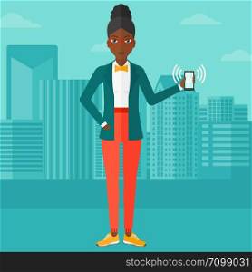 An african-american woman holding vibrating smartphone on a city background vector flat design illustration. Square layout.. Woman holding ringing telephone.