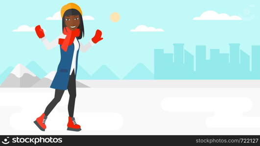 An african-american woman ice skating on frozen lake on a city background vector flat design illustration. Horizontal layout.. Woman ice skating.
