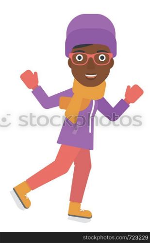 An african-american woman ice skating vector flat design illustration isolated on white background.. Woman ice skating.