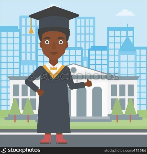 An african-american woman in cloak and hat showing thumb up sign on the background of educational building vector flat design illustration. Square layout.. Graduate showing thumb up sign.