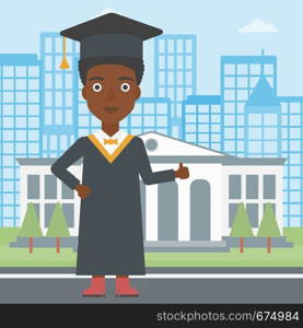 An african-american woman in cloak and hat showing thumb up sign on the background of educational building vector flat design illustration. Square layout.. Graduate showing thumb up sign.