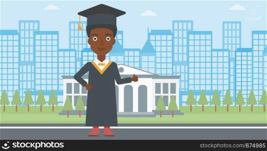 An african-american woman in cloak and hat showing thumb up sign on the background of educational building vector flat design illustration. Horizontal layout.. Graduate showing thumb up sign.