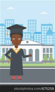 An african-american woman in cloak and hat showing thumb up sign on the background of educational building vector flat design illustration. Vertical layout.. Graduate showing thumb up sign.