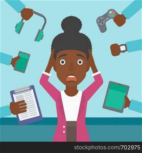 An african-american woman in despair and many hands with gadgets around her. Woman surrounded with gadgets. Woman using many electronic gadgets. Vector flat design illustration. Square layout.. Woman surrounded with her gadgets.