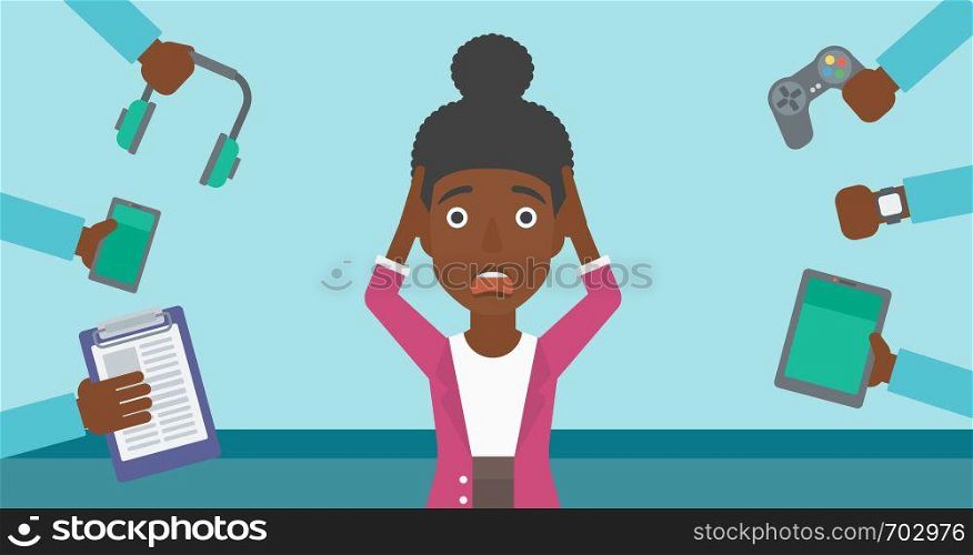 An african-american woman in despair and many hands with gadgets around her. Woman surrounded with gadgets. Woman using many electronic gadgets. Vector flat design illustration. Horizontal layout.. Woman surrounded with her gadgets.
