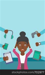 An african-american woman in despair and many hands with gadgets around her. Woman surrounded with gadgets. Woman using many electronic gadgets. Vector flat design illustration. Vertical layout.. Woman surrounded with her gadgets.