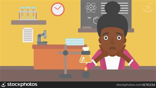 An african-american woman in despair clutching her head on the background of chemistry class vector flat design illustration. Horizontal layout.. Woman in despair clutching her head.