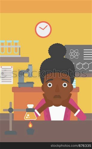 An african-american woman in despair clutching her head on the background of chemistry class vector flat design illustration. Vertical layout.. Woman in despair clutching her head.