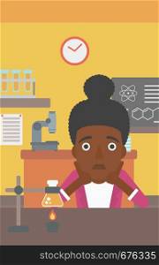 An african-american woman in despair clutching her head on the background of chemistry class vector flat design illustration. Vertical layout.. Woman in despair clutching her head.