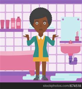 An african-american woman in despair standing near leaking sink in the bathroom vector flat design illustration. Square layout.. Woman in despair standing near leaking sink.
