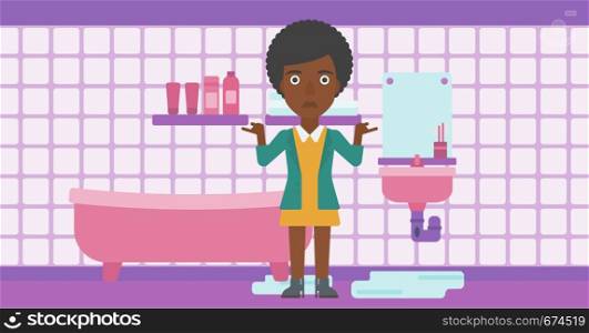 An african-american woman in despair standing near leaking sink in the bathroom vector flat design illustration. Horizontal layout.. Woman in despair standing near leaking sink.