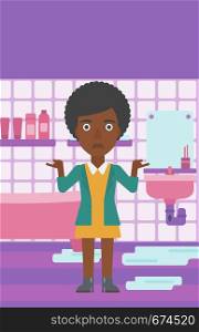 An african-american woman in despair standing near leaking sink in the bathroom vector flat design illustration. Vertical layout.. Woman in despair standing near leaking sink.