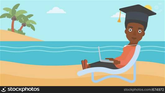 An african-american woman in graduation cap lying in chaise long with laptop on the beach vector flat design illustration. Horizontal layout.. Graduate lying on chaise lounge with laptop.