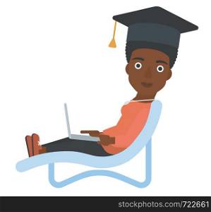 An african-american woman in graduation cap lying in chaise long with laptop vector flat design illustration isolated on white background. . Graduate lying in chaise lounge with laptop.