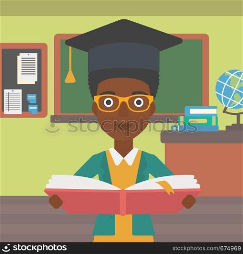 An african-american woman in graduation cap with an open book in hands on the background of classroom vector flat design illustration. Square layout.. Woman in graduation cap holding book.