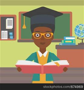 An african-american woman in graduation cap with an open book in hands on the background of classroom vector flat design illustration. Square layout.. Woman in graduation cap holding book.