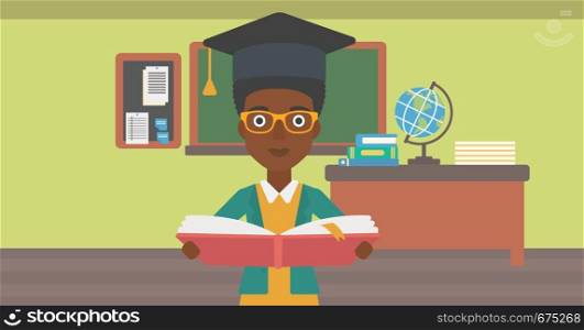 An african-american woman in graduation cap with an open book in hands on the background of classroom vector flat design illustration. Horizontal layout.. Woman in graduation cap holding book.
