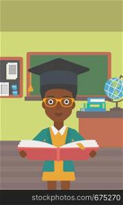 An african-american woman in graduation cap with an open book in hands on the background of classroom vector flat design illustration. Vertical layout.. Woman in graduation cap holding book.