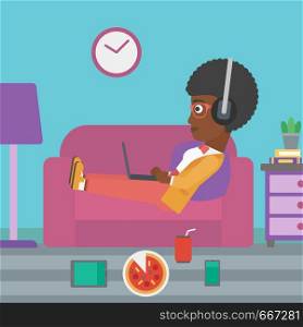 An african-american woman in headphones lying on a sofa in living room with electronic devices and fast food vector flat design illustration. Square layout.. Woman lying on sofa with many gadgets.