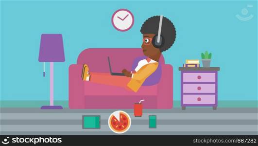 An african-american woman in headphones lying on a sofa in living room with electronic devices and fast food vector flat design illustration. Horizontal layout.. Woman lying on sofa with many gadgets.