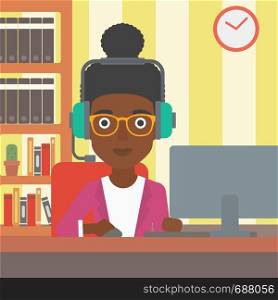 An african-american woman in headphones sitting in front of computer monitor with mouse in hand on the background ofliving room vector flat design illustration. Square layout.. Woman playing video game.