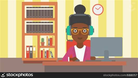 An african-american woman in headphones sitting in front of computer monitor with mouse in hand on the background ofliving room vector flat design illustration. Horizontal layout.. Woman playing video game.