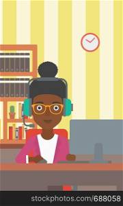 An african-american woman in headphones sitting in front of computer monitor with mouse in hand on the background ofliving room vector flat design illustration. Vertical layout.. Woman playing video game.
