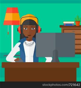 An african-american woman in headphones sitting in front of computer monitor with mouse in hand on living room background vector flat design illustration. Square layout.. Woman playing video game.