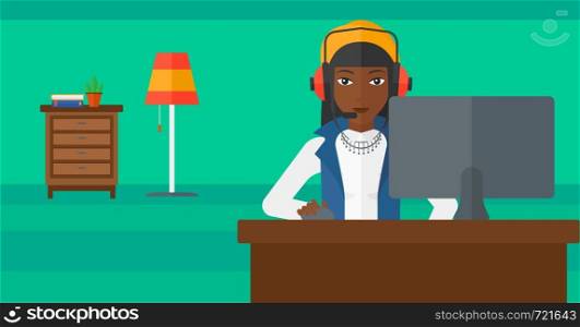 An african-american woman in headphones sitting in front of computer monitor with mouse in hand on living room background vector flat design illustration. Horizontal layout.. Woman playing video game.