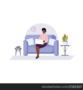 An African-American woman is sitting on the couch typing on a computer. A black girl works at home on a laptop. The concept of freelancing, working at home, and online learning. Vector flat illustration.