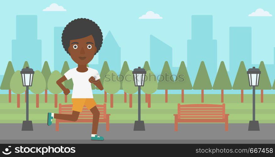 An african-american woman jogging in the park vector flat design illustration. Horizontal layout.. Sportive woman jogging.