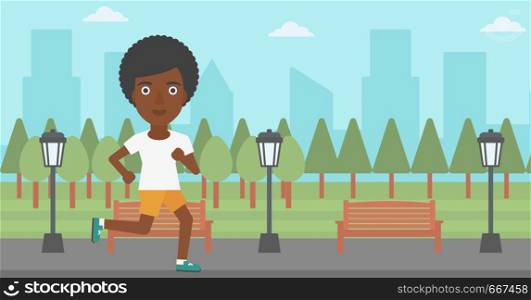 An african-american woman jogging in the park vector flat design illustration. Horizontal layout.. Sportive woman jogging.