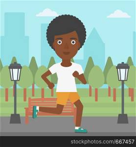 An african-american woman jogging in the park vector flat design illustration. Square layout.. Sportive woman jogging.