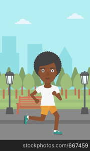 An african-american woman jogging in the park vector flat design illustration. Vertical layout.. Sportive woman jogging.